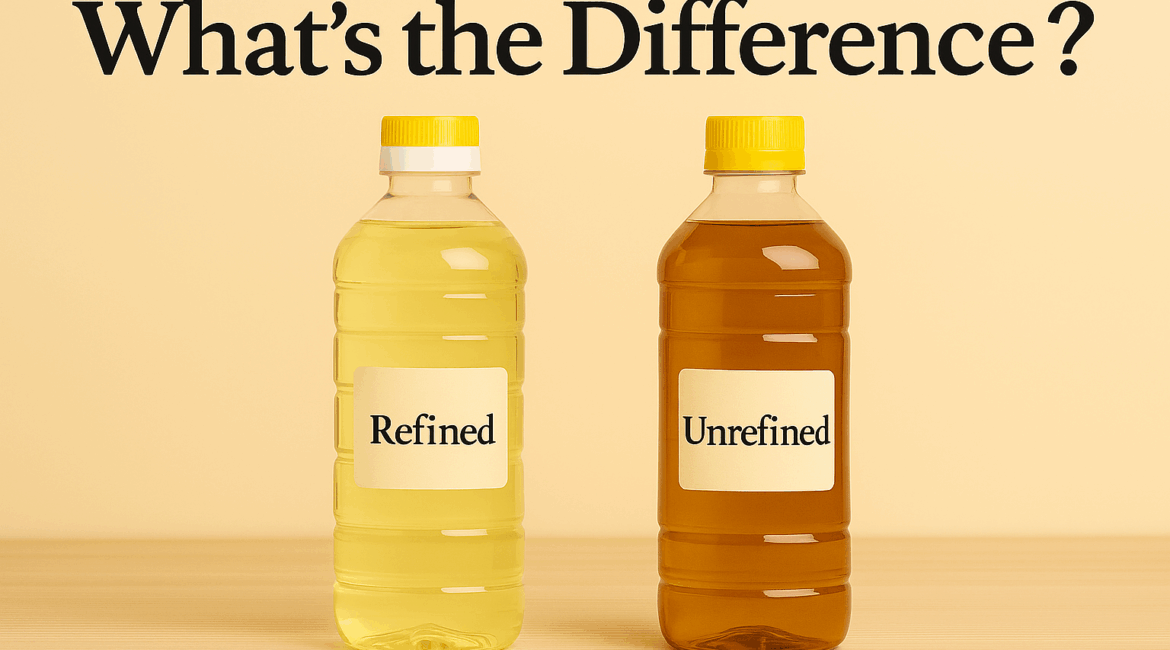 Two plastic bottles of sunflower oil – refined and unrefined – compared side by side to show color, clarity and label differences.